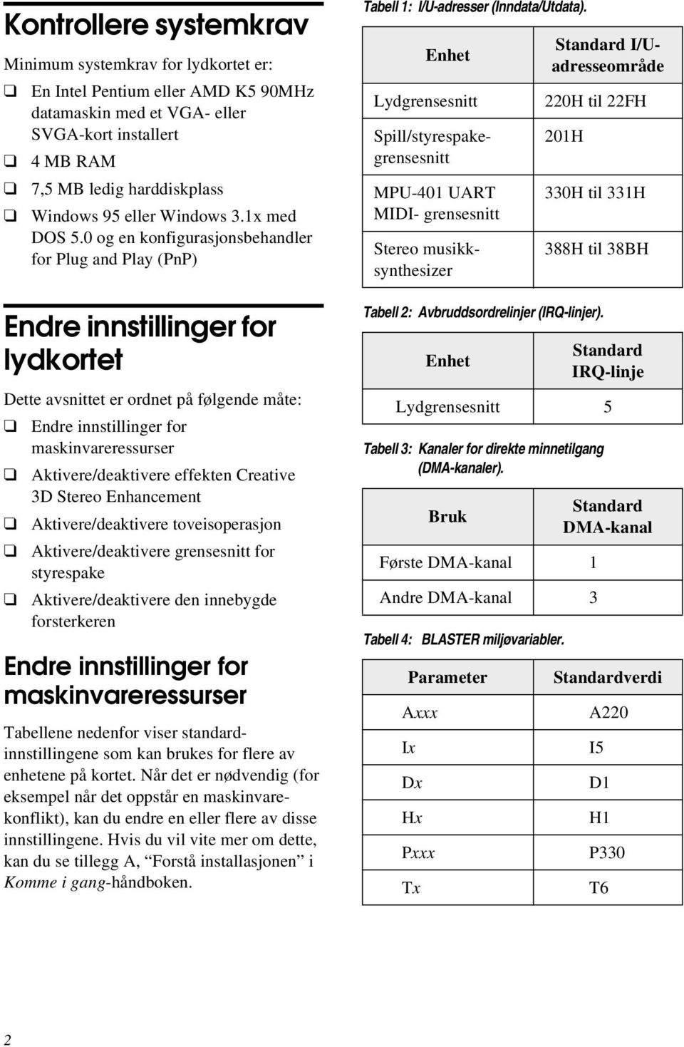 0 og en konfigurasjonsbehandler for Plug and Play (PnP) Endre innstillinger for lydkortet Dette avsnittet er ordnet på følgende måte: Endre innstillinger for maskinvareressurser Aktivere/deaktivere