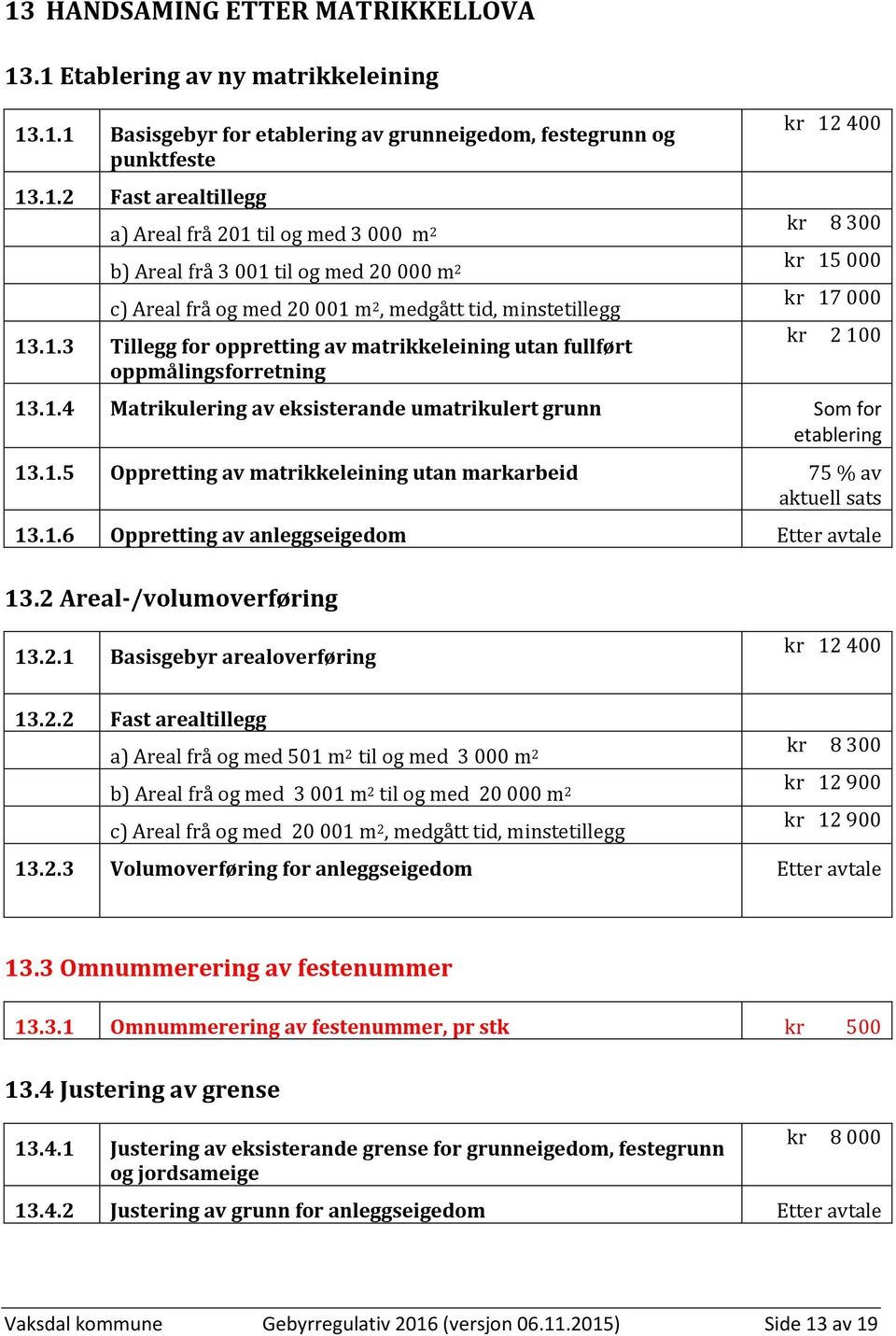 1.5 Oppretting av matrikkeleining utan markarbeid 75 % av aktuell sats 13.1.6 Oppretting av anleggseigedom Etter avtale 13.2 