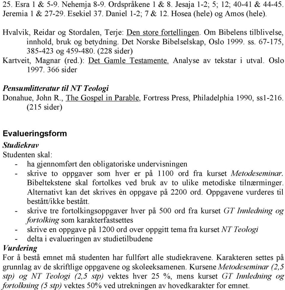 (228 sider) Kartveit, Magnar (red.): Det Gamle Testamente. Analyse av tekstar i utval. Oslo 1997. 366 sider Pensumlitteratur til NT Teologi Donahue, John R.