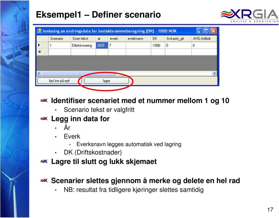 ved lagring DK (Driftskostnader) Lagre til slutt og lukk skjemaet Scenarier slettes