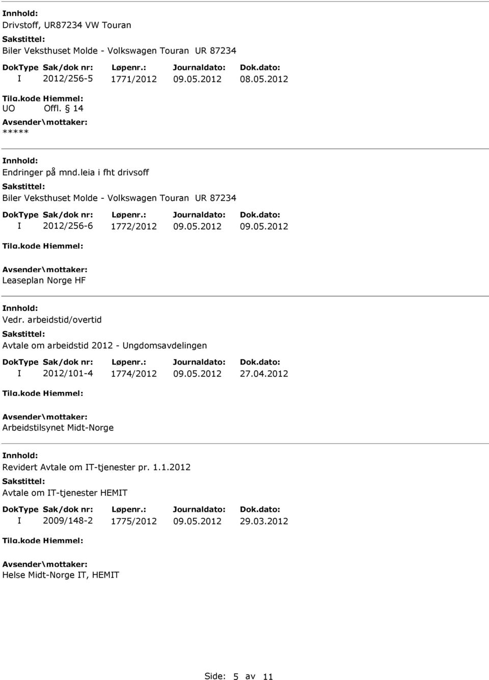 leia i fht drivsoff Biler Veksthuset Molde - Volkswagen Touran R 87234 2012/256-6 1772/2012 Leaseplan Norge HF nnhold: Vedr.