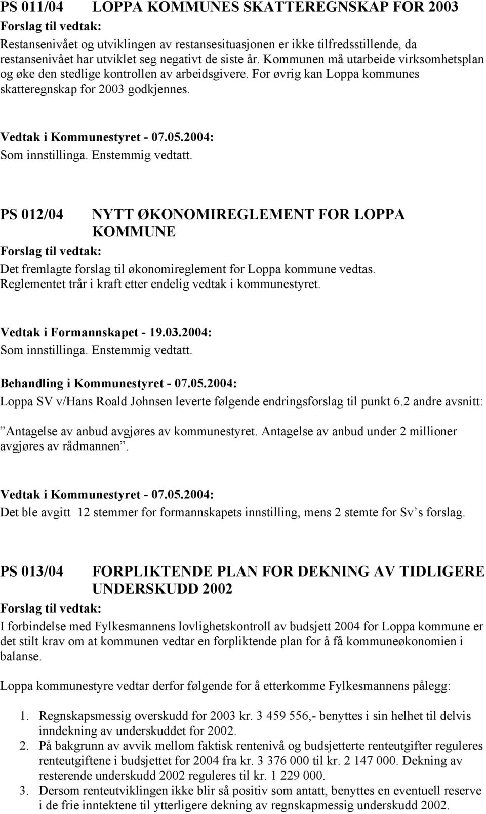 PS 012/04 NYTT ØKONOMIREGLEMENT FOR LOPPA KOMMUNE Det fremlagte forslag til økonomireglement for Loppa kommune vedtas. Reglementet trår i kraft etter endelig vedtak i kommunestyret.