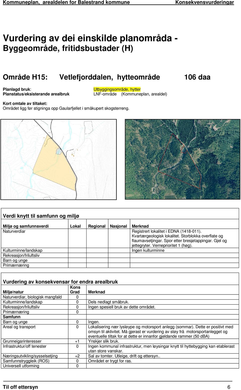 Verdi knytt til samfunn og miljø Miljø og samfunnsverdi Lokal Regional Nasjonal Merknad Naturverdiar Registrert lokalitet i EDNA (1418-011). Kvartærgeologisk lokalitet.