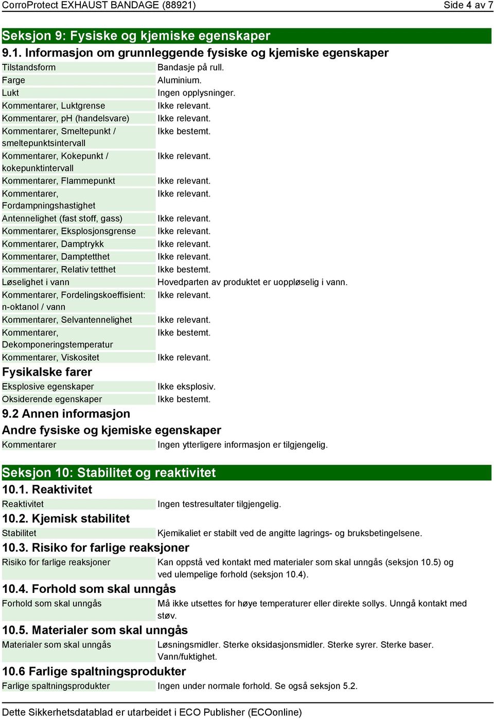 er, Luktgrense er, ph (handelsvare) er, Smeltepunkt / smeltepunktsintervall er, Kokepunkt / kokepunktintervall er, Flammepunkt er, Fordampningshastighet Antennelighet (fast stoff, gass) er,