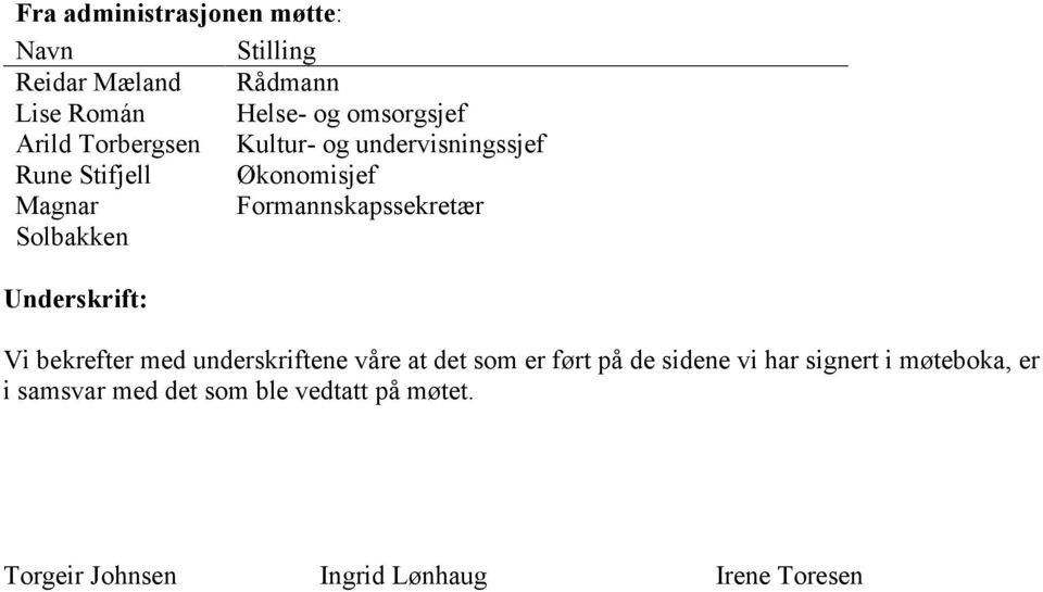 Solbakken Underskrift: Vi bekrefter med underskriftene våre at det som er ført på de sidene vi har