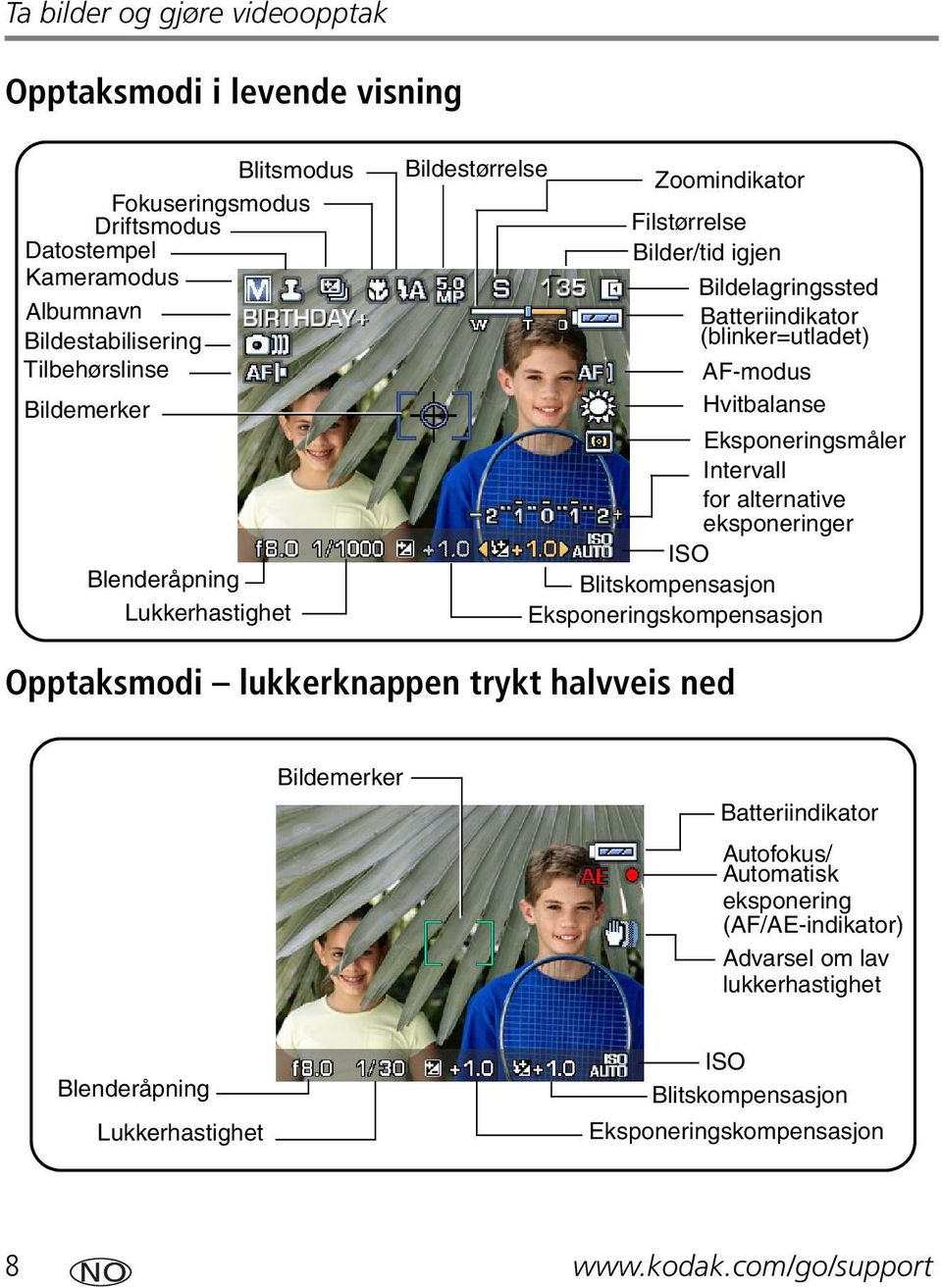 Eksponeringsmåler Intervall for alternative eksponeringer ISO Blitskompensasjon Eksponeringskompensasjon Opptaksmodi lukkerknappen trykt halvveis ned Bildemerker Batteriindikator