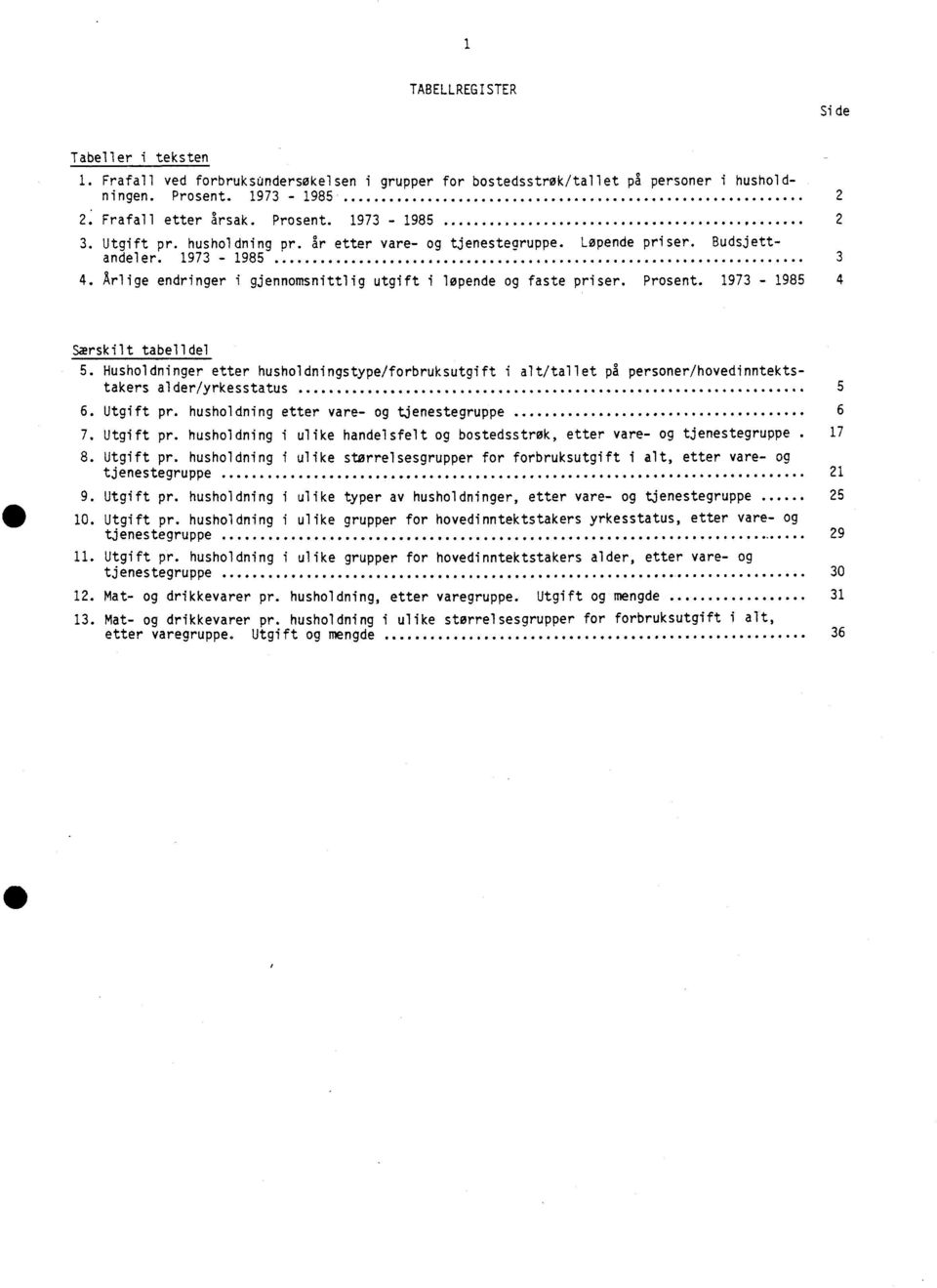 1973-1985 4 Særskilt tabelldel 5. Husholdninger etter husholdningstype/forbruksutgift i alt/tallet på personer/hovedinntektstakers alder/yrkesstatus 5 6. Utgift pr.