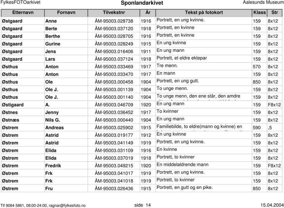 037124 1918 Portrett, et eldre ektepar 159 8x12 Østhus Anton ÅM-95003.033469 1917 Tre menn. 570 8x12 Østhus Anton ÅM-95003.033470 1917 En mann 159 8x12 Østhus Ole ÅM-95003.