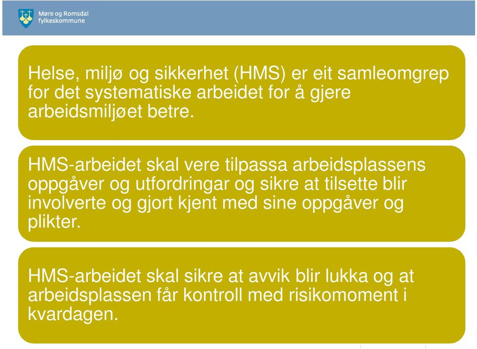 HMS-arbeidet skal vere tilpassa arbeidsplassens oppgåver og utfordringar og sikre at tilsette