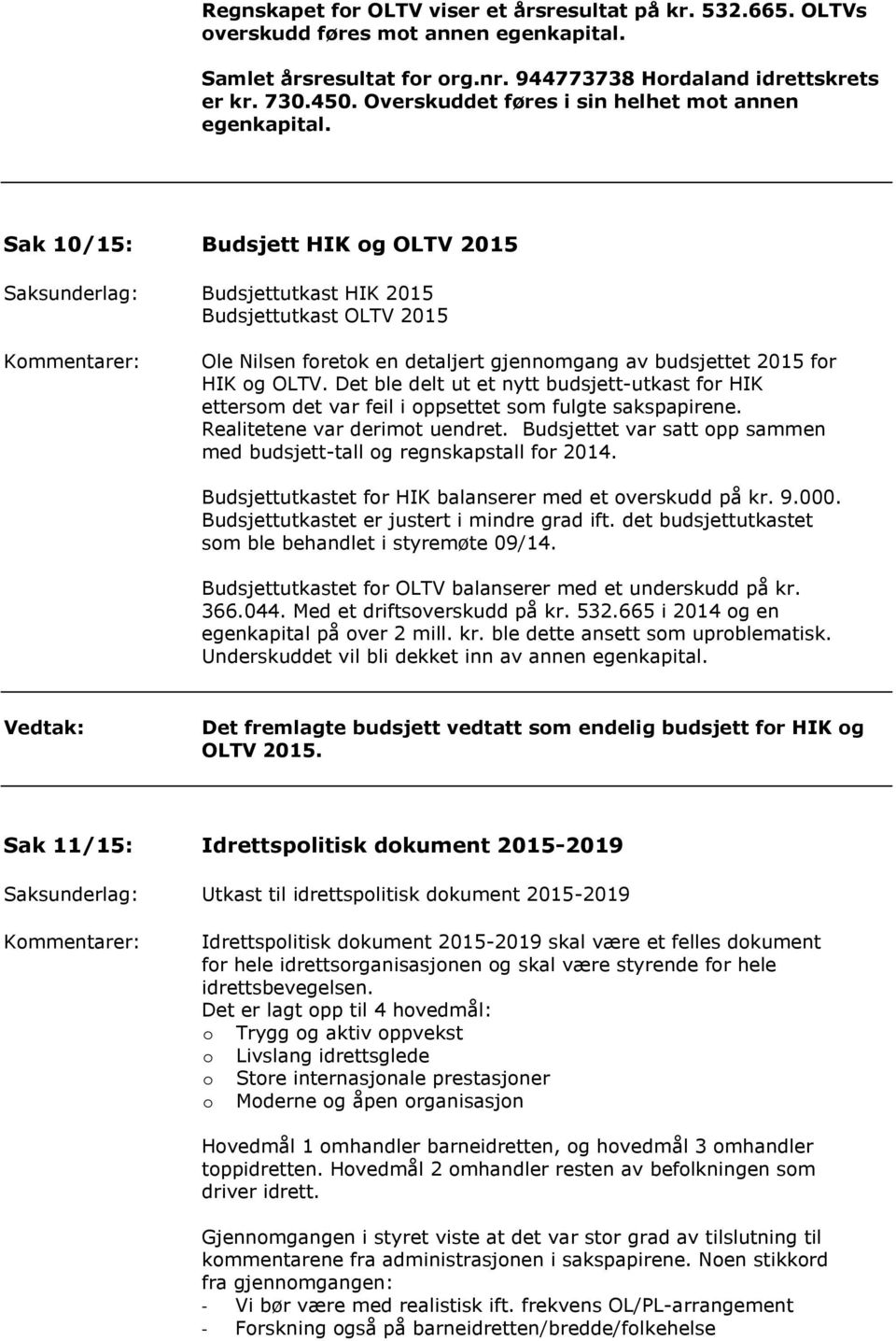 Sak 10/15: Budsjett HIK og OLTV 2015 Saksunderlag: Budsjettutkast HIK 2015 Budsjettutkast OLTV 2015 Kommentarer: Ole Nilsen foretok en detaljert gjennomgang av budsjettet 2015 for HIK og OLTV.