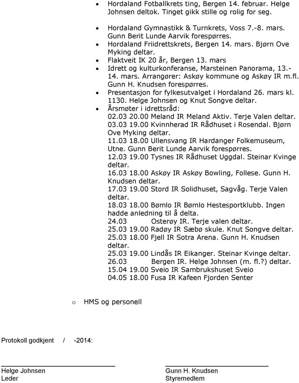 fl. Gunn H. Knudsen forespørres. Presentasjon for fylkesutvalget i Hordaland 26. mars kl. 1130. Helge Johnsen og Knut Songve deltar. Årsmøter i idrettsråd: 02.03 20.00 Meland IR Meland Aktiv.