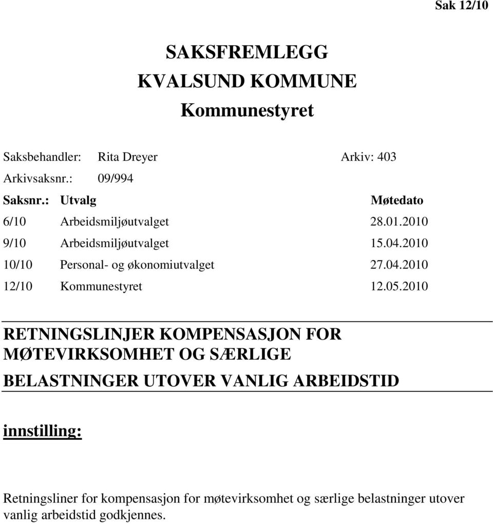 2010 10/10 Personal- og økonomiutvalget 27.04.2010 12/10 Kommunestyret 12.05.