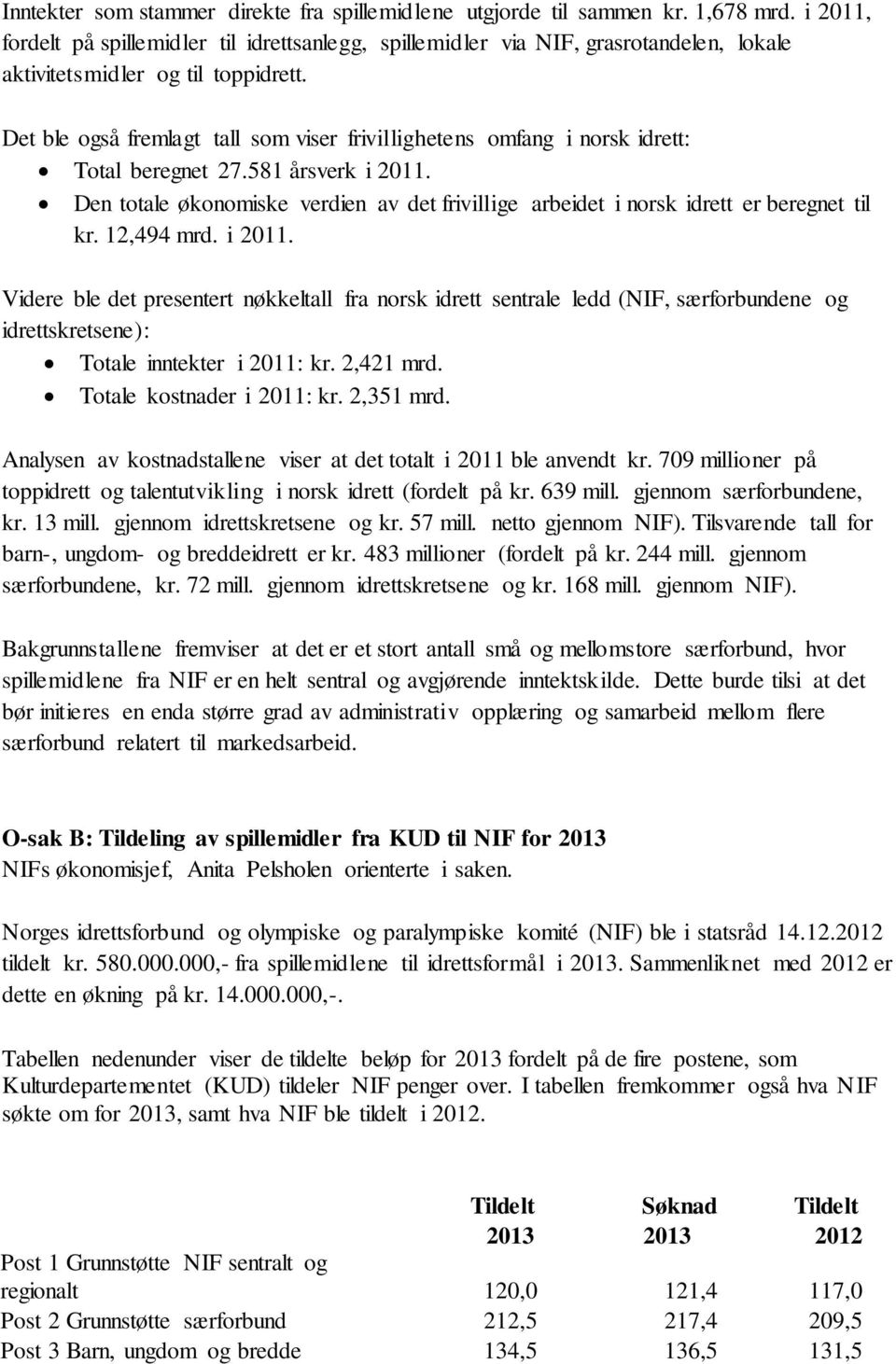 Det ble også fremlagt tall som viser frivillighetens omfang i norsk idrett: Total beregnet 27.581 årsverk i 2011.