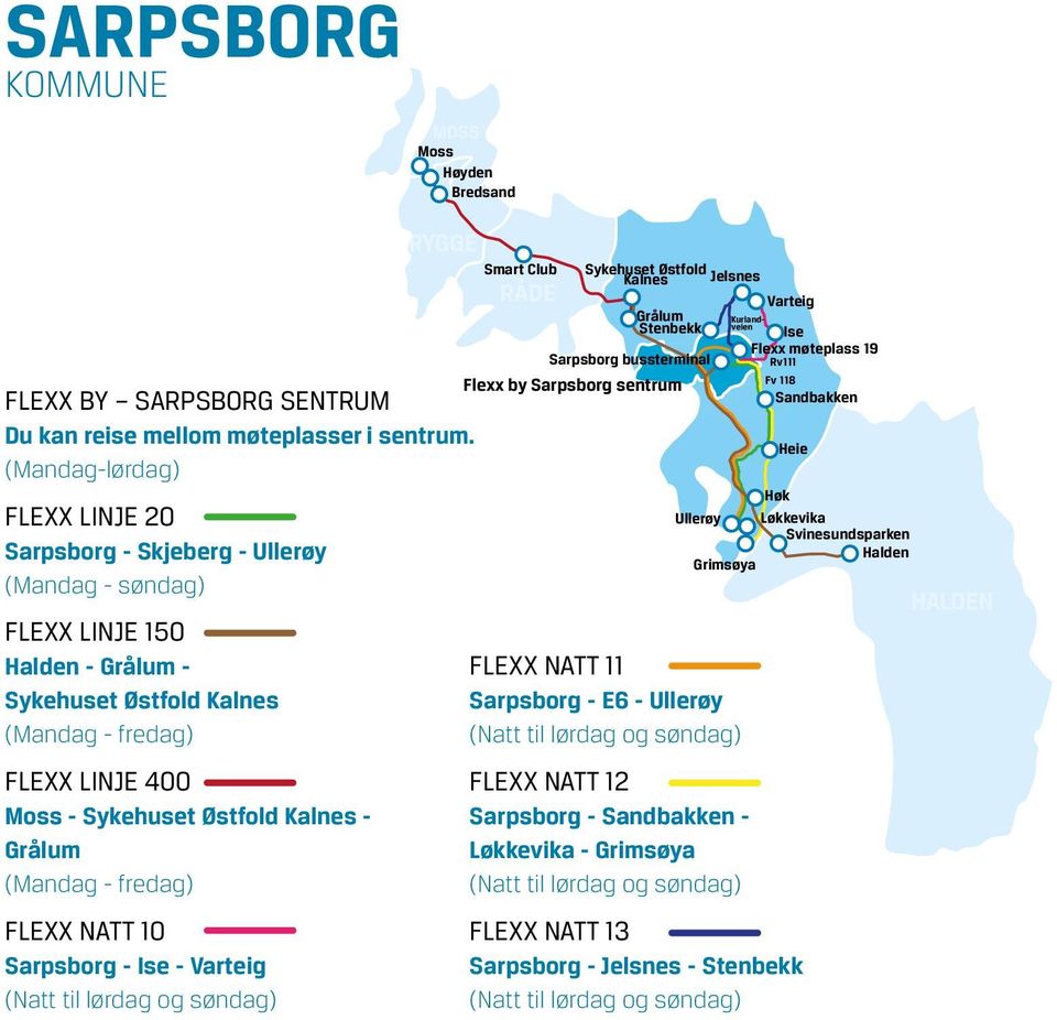 Kalnes - Grålum (Mandag - fredag) FLEXX NATT 10 Sarpsborg - Ise - Varteig (Natt til lørdag og søndag) Smart Club RÅDE Sykehuset Østfold Kalnes Grålum Stenbekk Sarpsborg bussterminal Flexx by