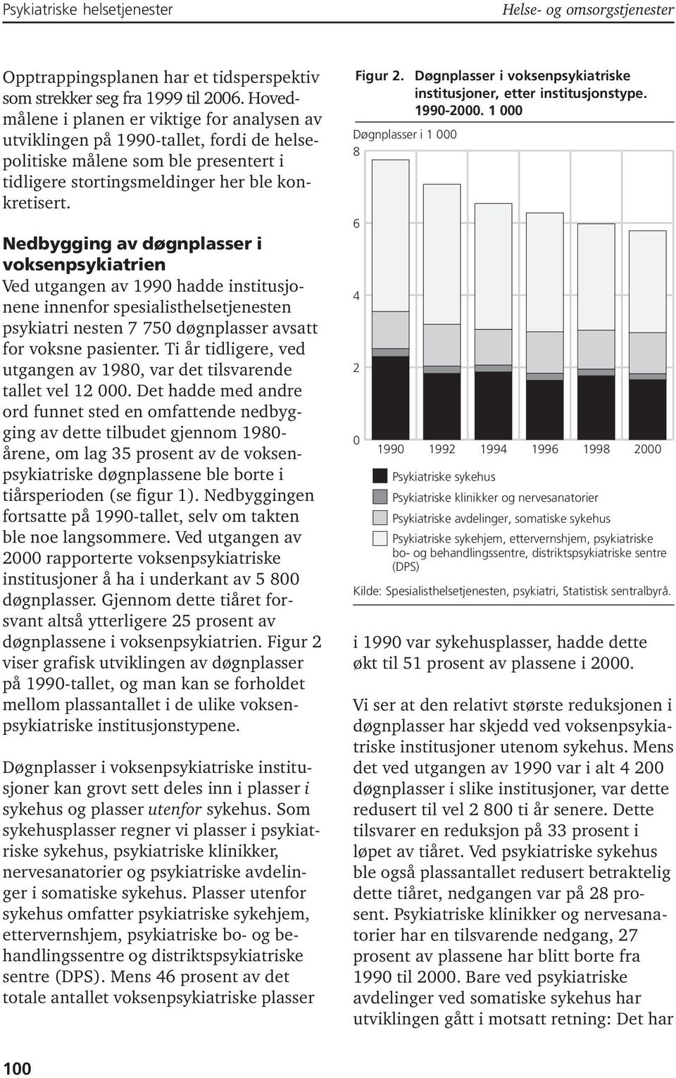 Nedbygging av døgnplasser i voksenpsykiatrien Ved utgangen av 1990 hadde institusjonene innenfor spesialisthelsetjenesten psykiatri nesten 7 750 døgnplasser avsatt for voksne pasienter.