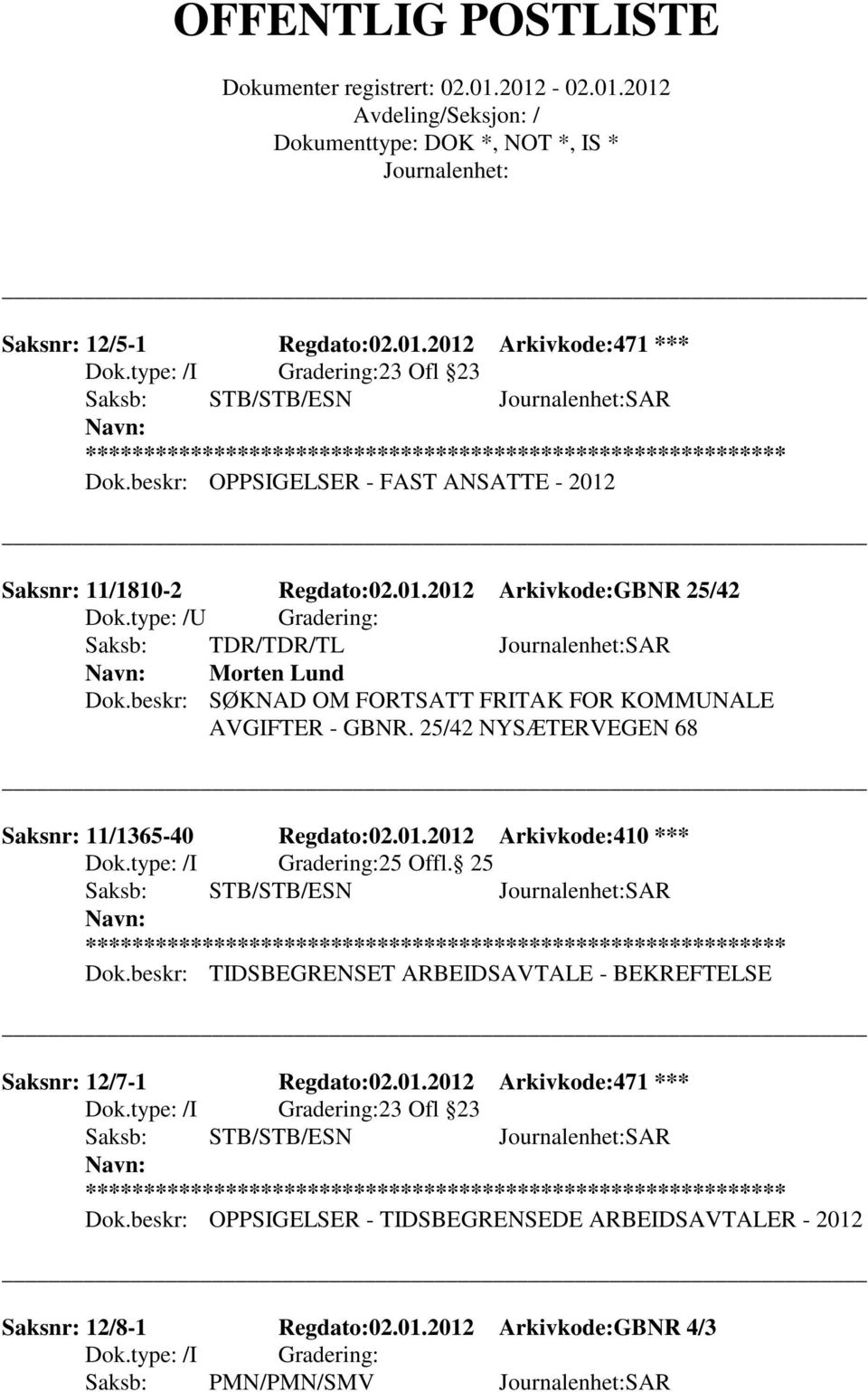 25 Saksb: STB/STB/ESN SAR ** Dok.beskr: TIDSBEGRENSET ARBEIDSAVTALE - BEKREFTELSE Saksnr: 12/7-1 Regdato:02.01.2012 Arkivkode:471 *** Dok.