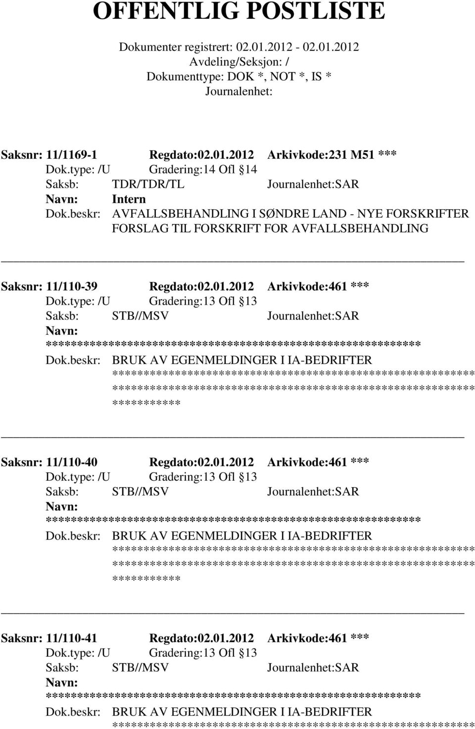 AVFALLSBEHANDLING Saksnr: 11/110-39 Regdato:02.01.