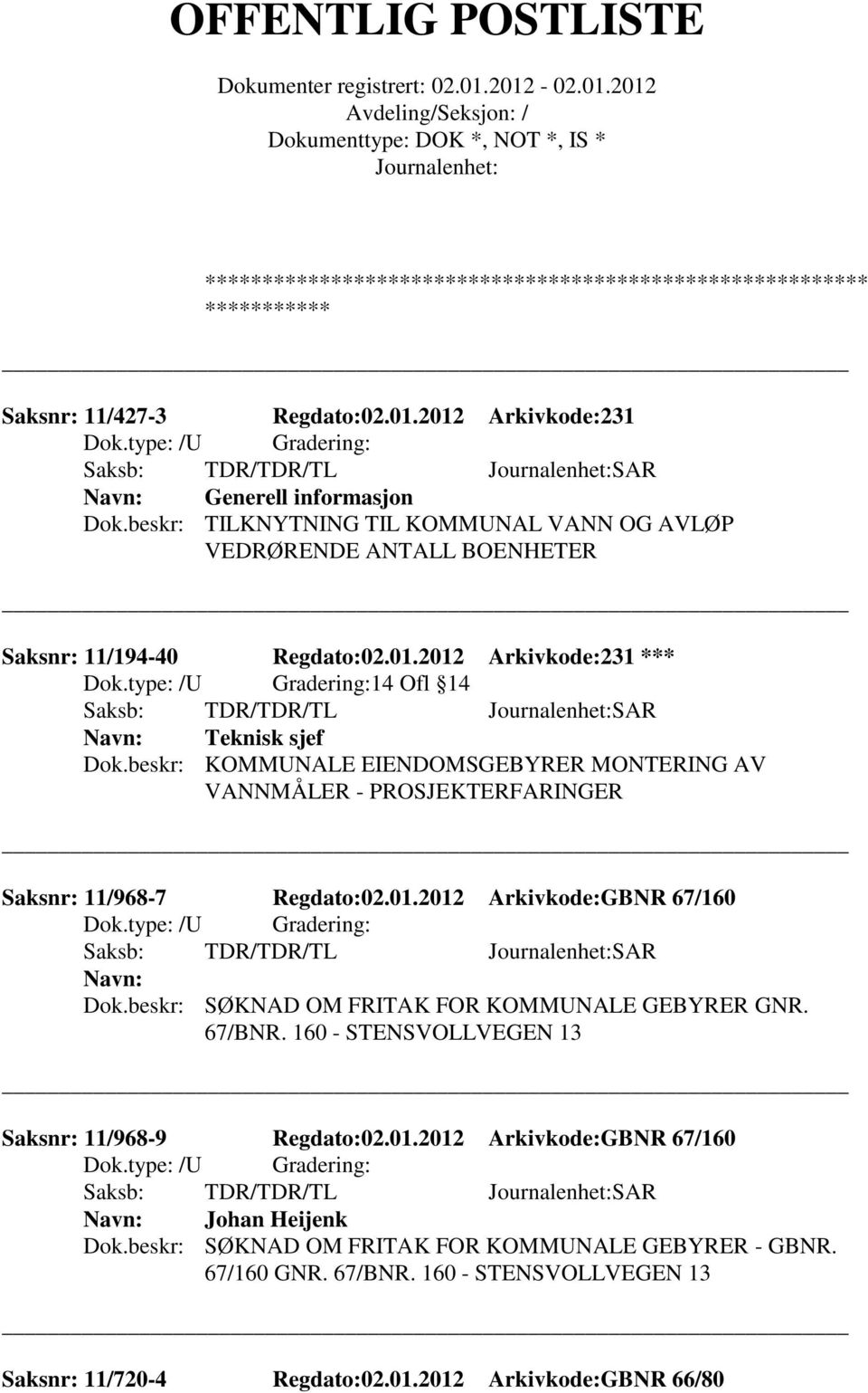 beskr: KOMMUNALE EIENDOMSGEBYRER MONTERING AV VANNMÅLER - PROSJEKTERFARINGER Saksnr: 11/968-7 Regdato:02.01.2012 Arkivkode:GBNR 67/160 Dok.