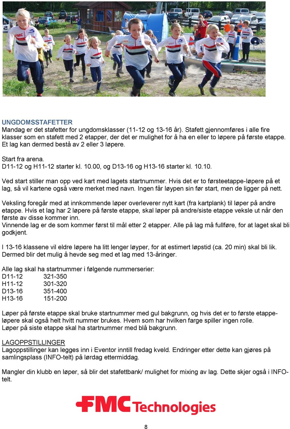 D11-12 og H11-12 starter kl. 10.00, og D13-16 og H13-16 starter kl. 10.10. Ved start stiller man opp ved kart med lagets startnummer.