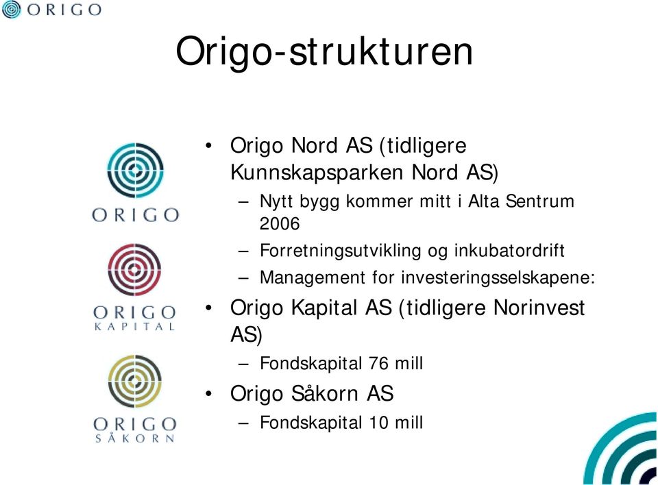 inkubatordrift Management for investeringsselskapene: Origo Kapital AS