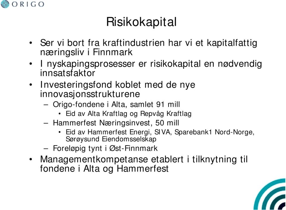 91 mill Eid av Alta Kraftlag og Repvåg Kraftlag Hammerfest Næringsinvest, 50 mill Eid av Hammerfest Energi, SIVA, Sparebank1