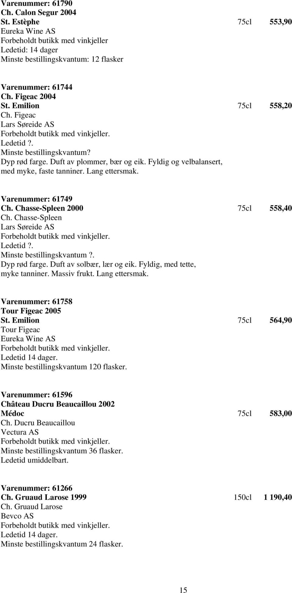 Chasse-Spleen 2000 75cl 558,40 Ch. Chasse-Spleen Lars Søreide AS Ledetid?. Minste bestillingskvantum?. Dyp rød farge. Duft av solbær, lær og eik. Fyldig, med tette, myke tanniner. Massiv frukt.