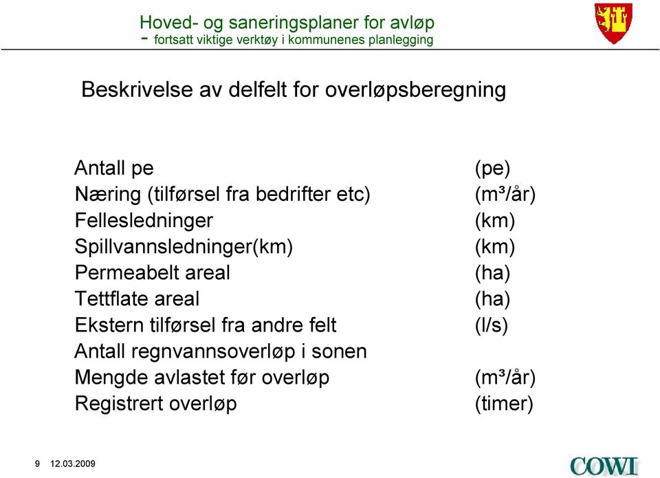 tilførsel fra andre felt Antall regnvannsoverløp i sonen Mengde avlastet før overløp