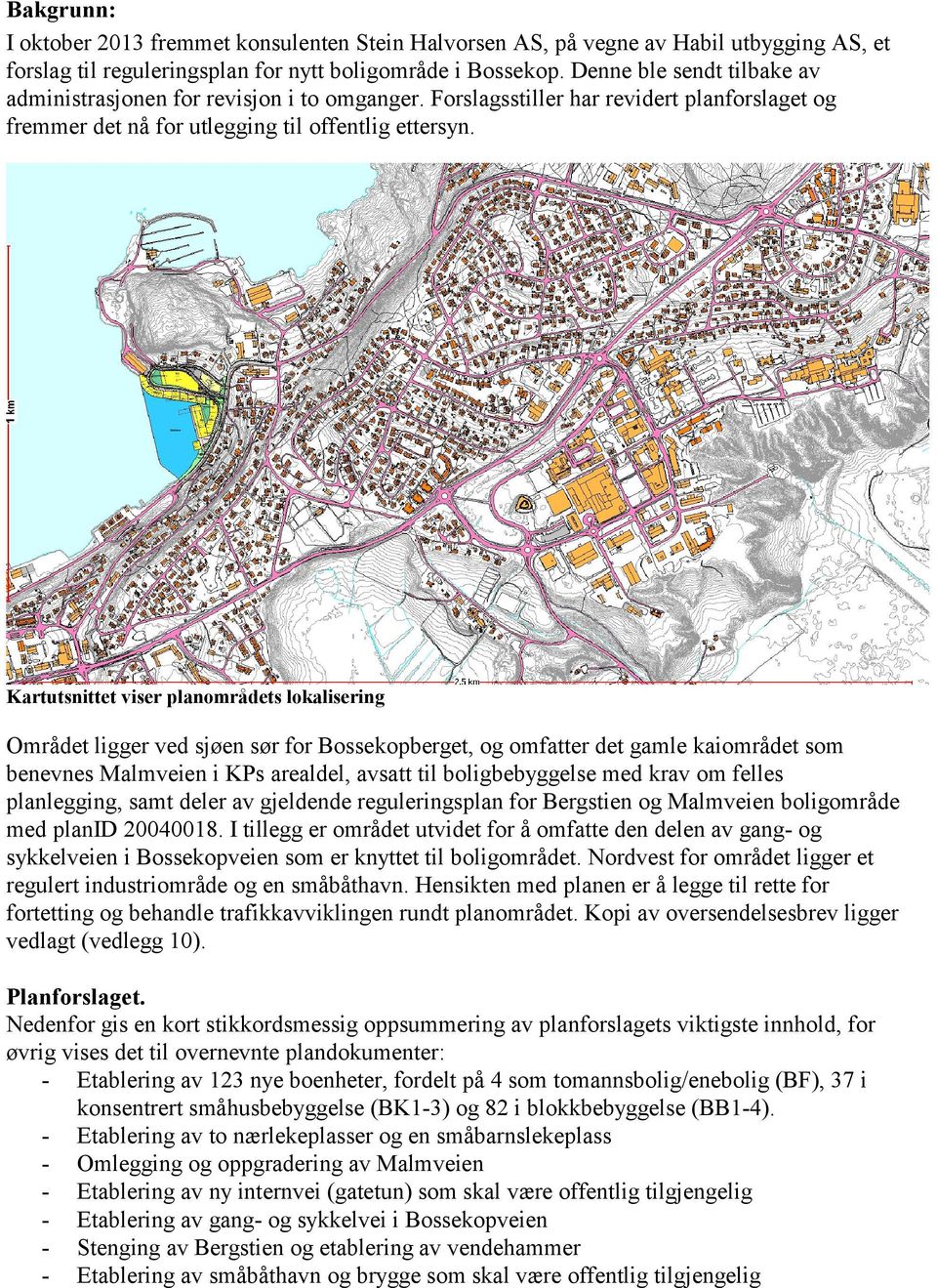 Kartutsnittet viser planområdets lokalisering Området ligger ved sjøen sør for Bossekopberget, og omfatter det gamle kaiområdet som benevnes Malmveien i KPs arealdel, avsatt til boligbebyggelse med