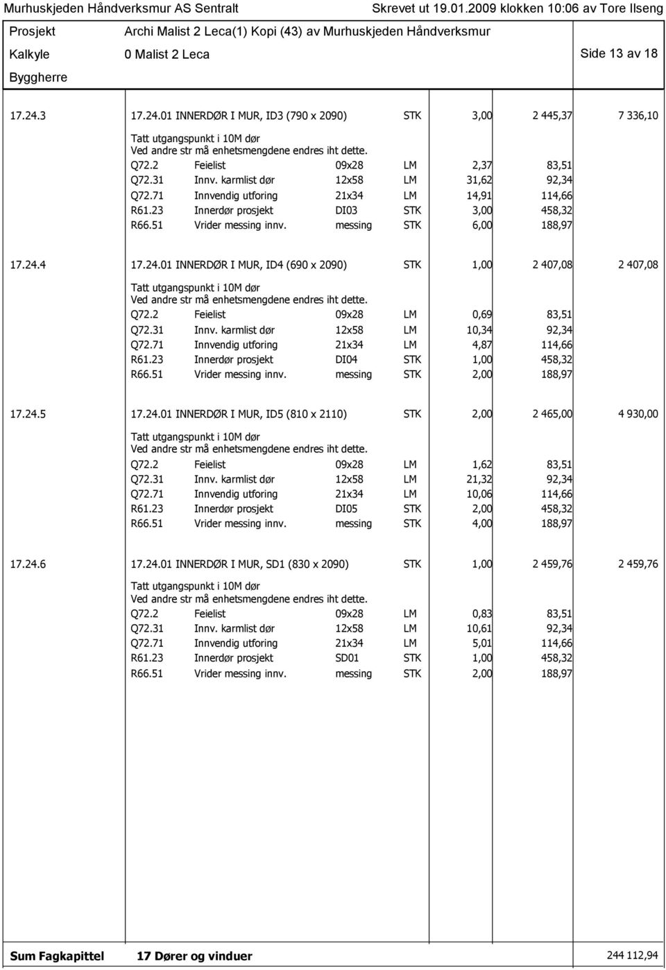 4 17.24.01 INNERDØR I MUR, ID4 (690 x 2090) STK 1,00 2 407,08 2 407,08 Tatt utgangspunkt i 10M dør Q72.2 Feielist 09x28 LM 0,69 83,51 Q72.31 Innv. karmlist dør 12x58 LM 10,34 92,34 Q72.