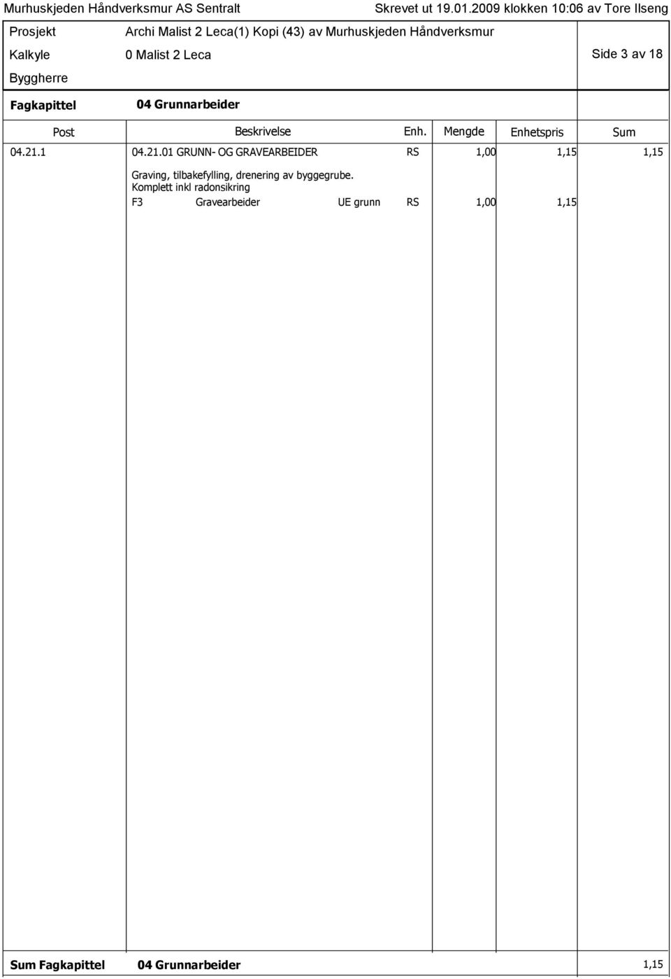 01 GRUNN- OG GRAVEARBEIDER RS 1,00 1,15 1,15 Graving,