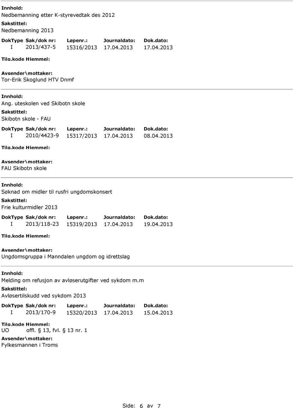 2013 FA Skibotn skole Søknad om midler til rusfri ungdomskonsert Frie kulturmidler 2013 2013/118-23 15319/2013 19.04.