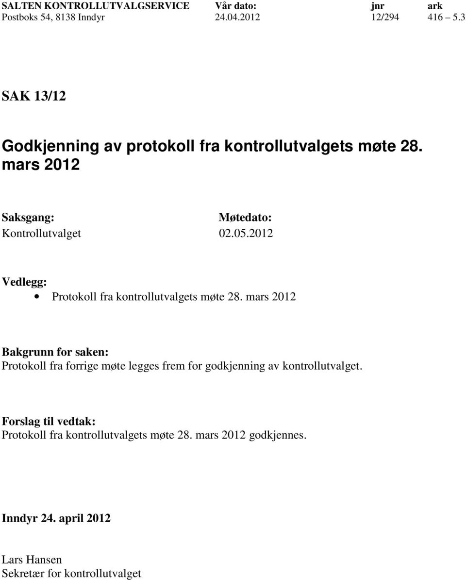 2012 Vedlegg: Protokoll fra kontrollutvalgets møte 28.