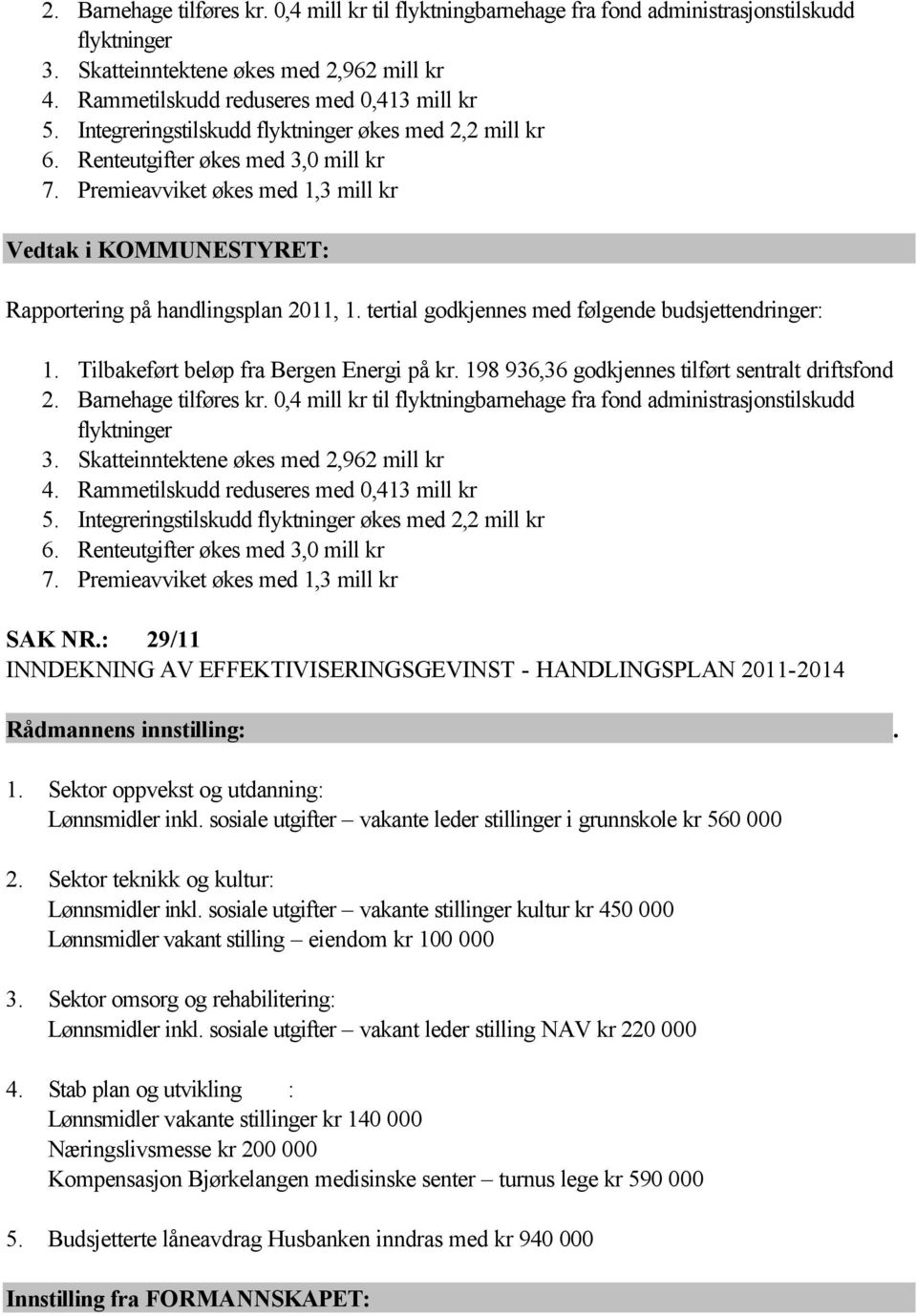 tertial godkjennes med følgende budsjettendringer: 1. Tilbakeført beløp fra Bergen Energi på kr.