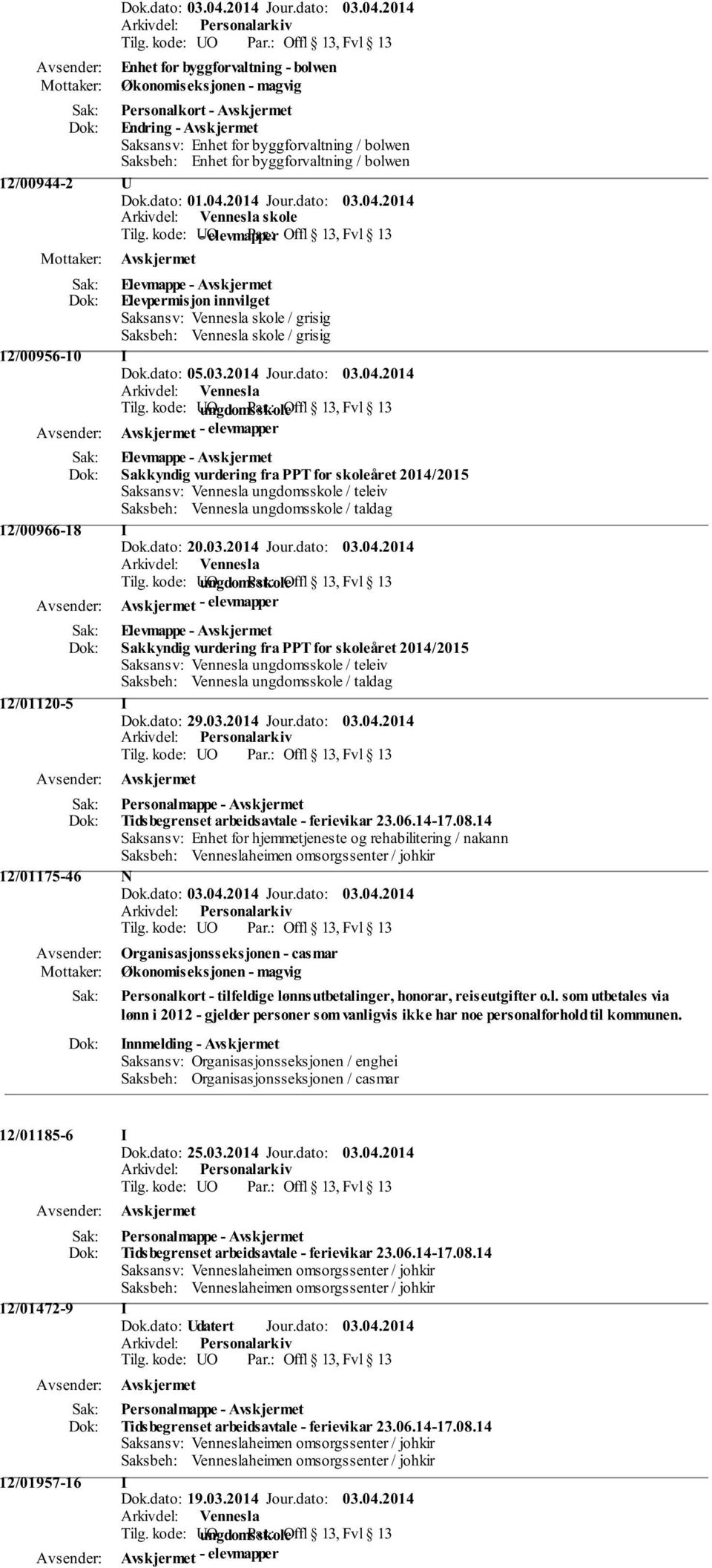 2014 Avskjermet - elevmapper Sakkyndig vurdering fra PPT for skoleåret 2014/2015 12/00966-18 I Dok.dato: 20.03.2014 Jour.dato: 03.04.