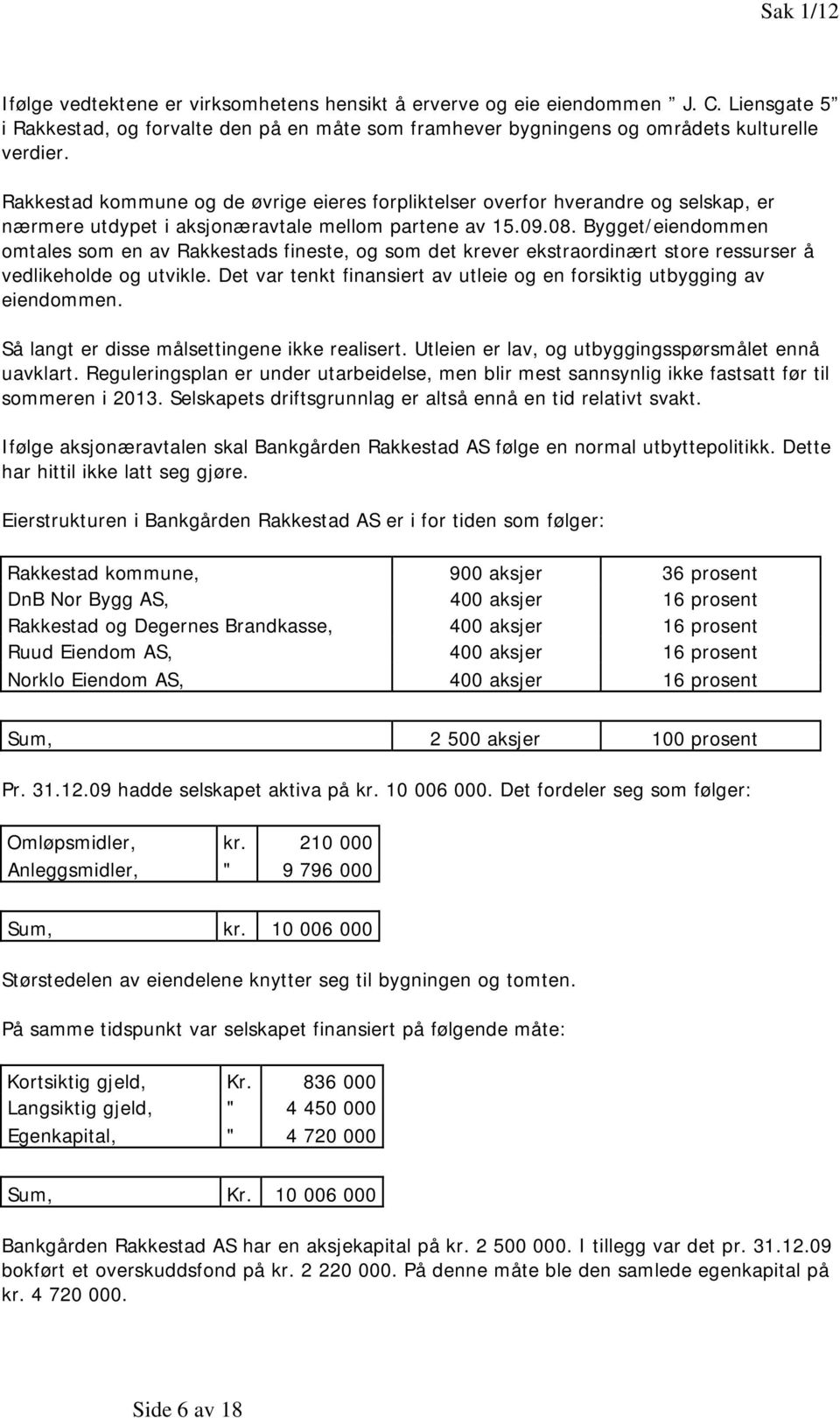 Bygget/eiendommen omtales som en av Rakkestads fineste, og som det krever ekstraordinært store ressurser å vedlikeholde og utvikle.