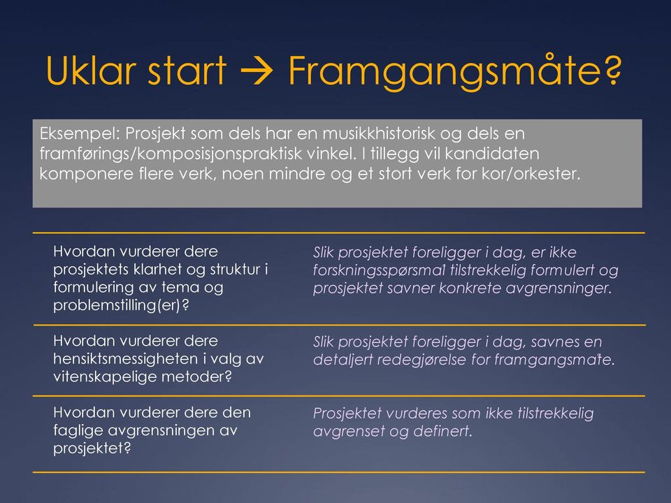 Hvordan vurderer dere prosjektets klarhet og struktur i formulering av tema og problemstilling(er)? Hvordan vurderer dere hensiktsmessigheten i valg av vitenskapelige metoder?