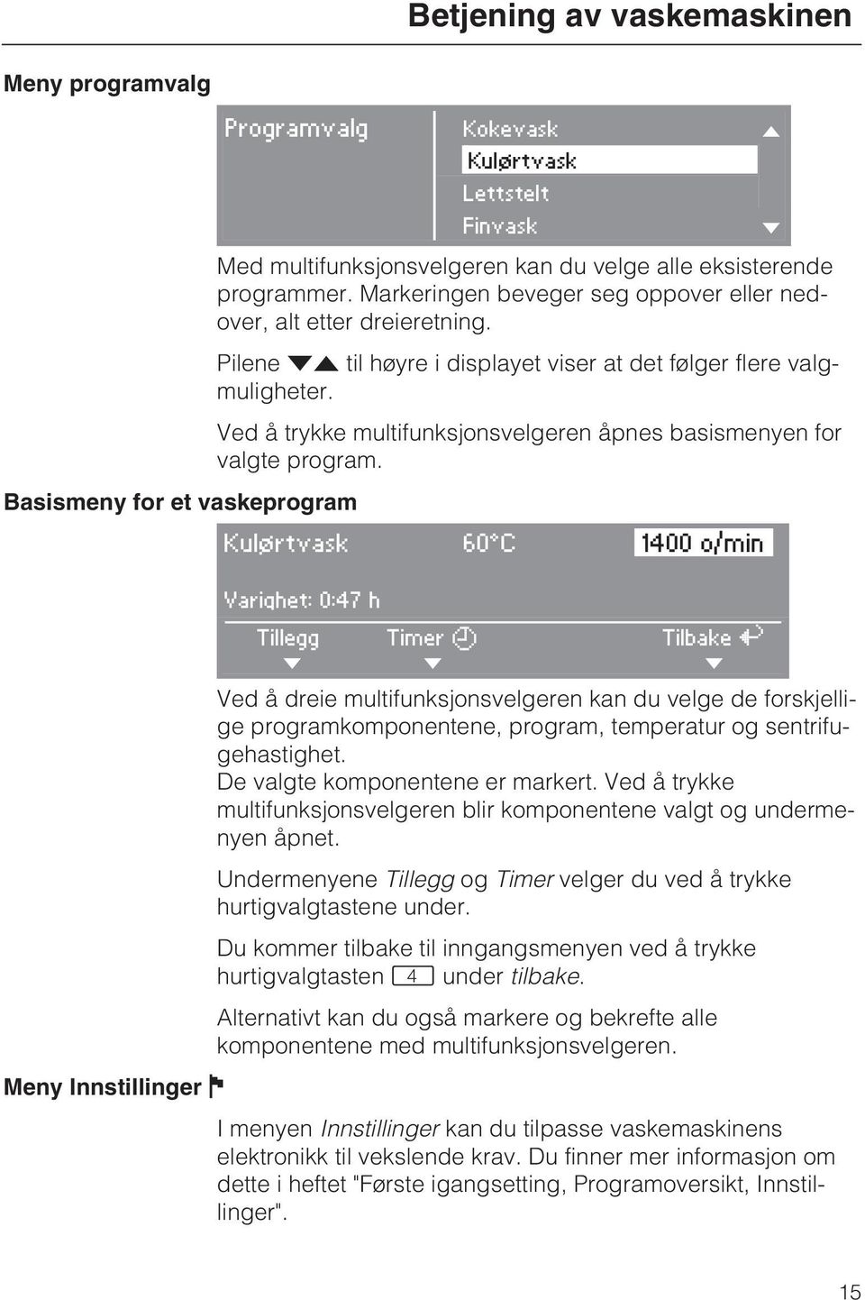 Ved å trykke multifunksjonsvelgeren åpnes basismenyen for valgte program.