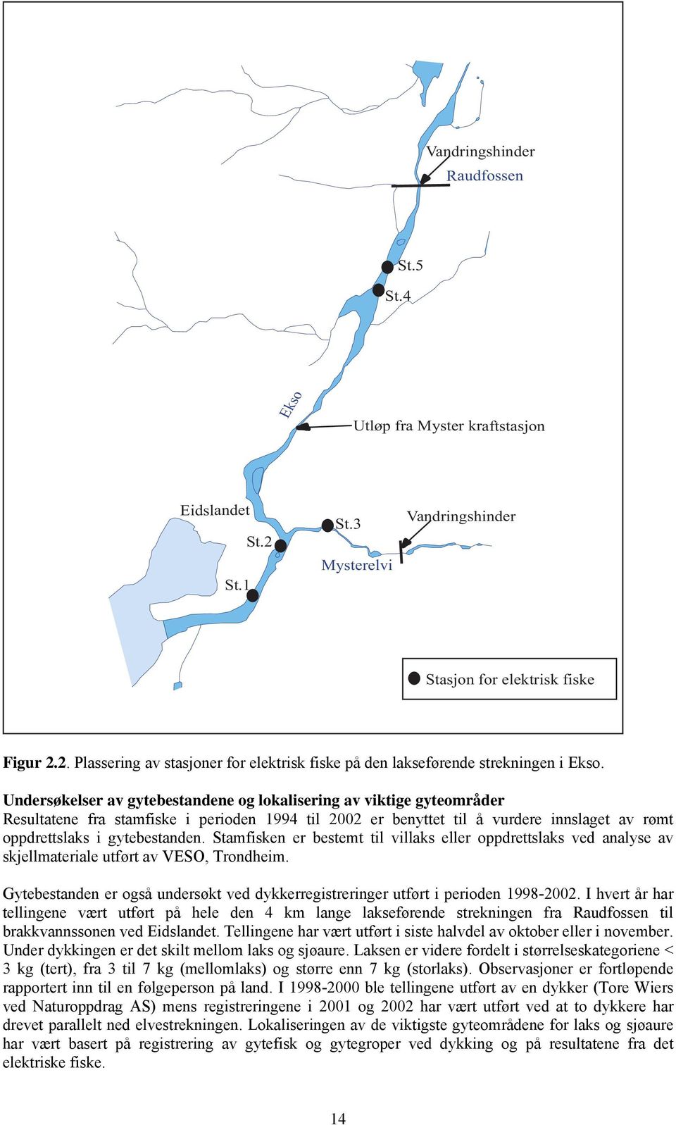 Stamfisken er bestemt til villaks eller oppdrettslaks ved analyse av skjellmateriale utført av VESO, Trondheim. Gytebestanden er også undersøkt ved dykkerregistreringer utført i perioden 1998-22.