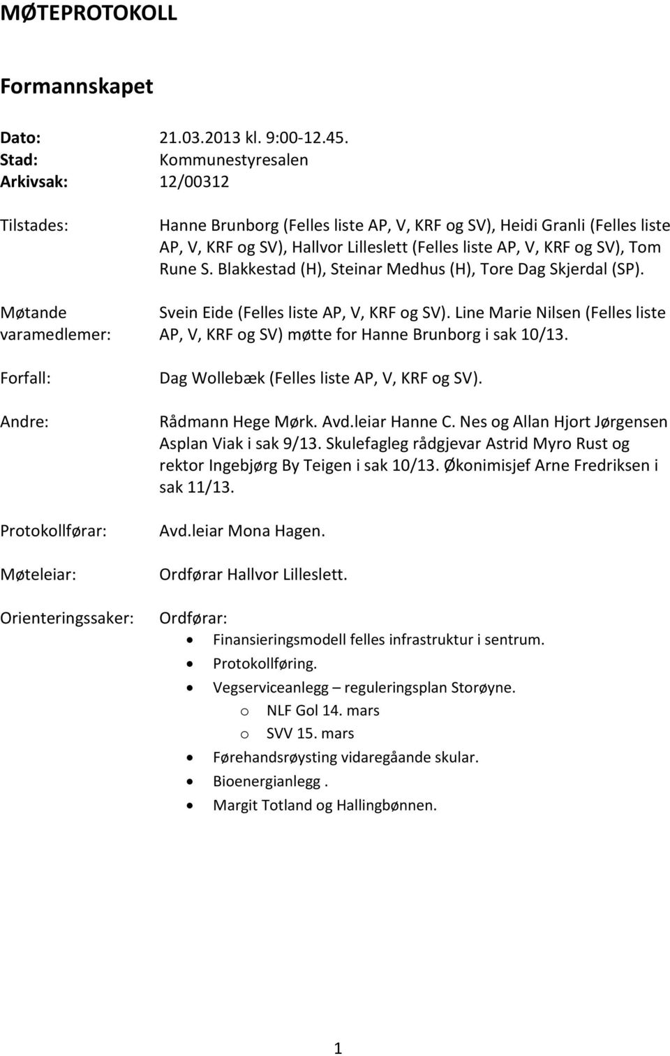 (Felles liste AP, V, KRF og SV), Hallvor Lilleslett (Felles liste AP, V, KRF og SV), Tom Rune S. Blakkestad (H), Steinar Medhus (H), Tore Dag Skjerdal (SP). Svein Eide (Felles liste AP, V, KRF og SV).