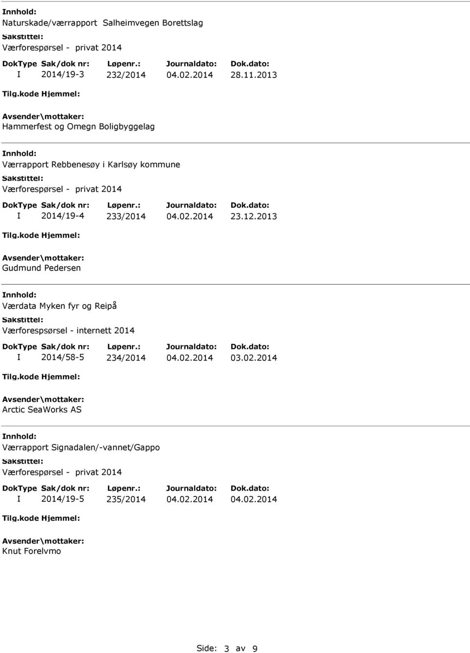 233/2014 23.12.2013 Gudmund edersen Værdata Myken fyr og Reipå Værforespsørsel - internett 2014 2014/58-5 234/2014 03.