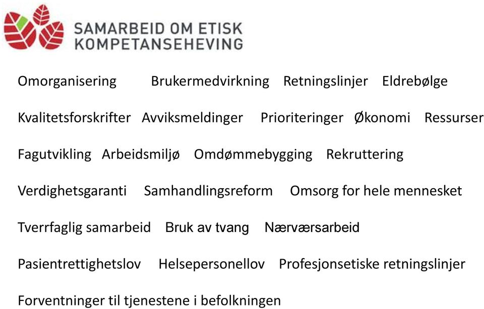 Verdighetsgaranti Samhandlingsreform Omsorg for hele mennesket Tverrfaglig samarbeid Bruk av tvang