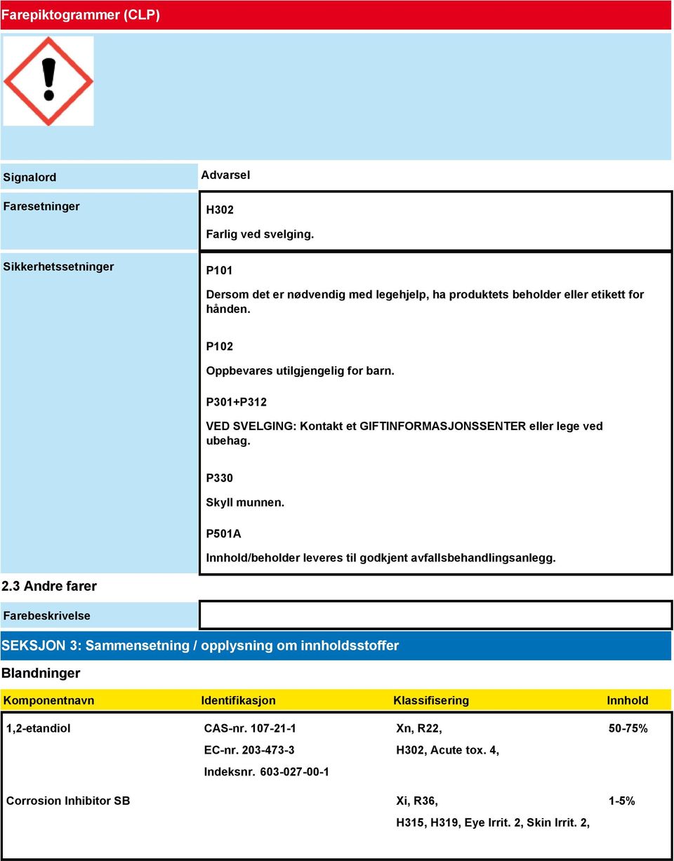 P301+P312 VED SVELGING: Kontakt et GIFTINFORMASJONSSENTER eller lege ved ubehag. P330 Skyll munnen. P501A Innhold/beholder leveres til godkjent avfallsbehandlingsanlegg. 2.