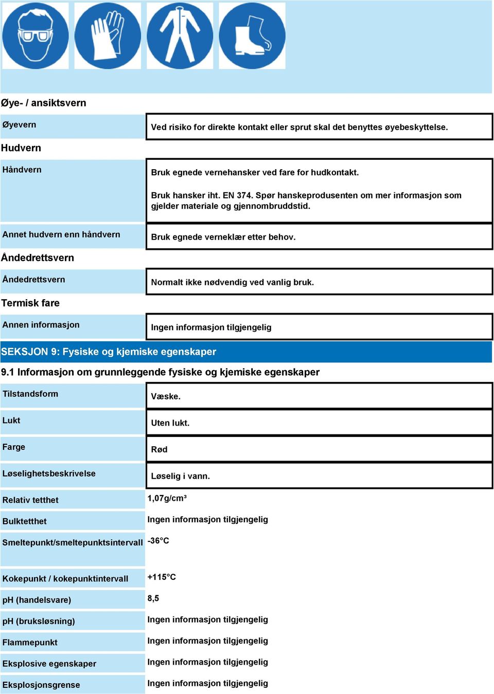 Åndedrettsvern Åndedrettsvern Normalt ikke nødvendig ved vanlig bruk. Termisk fare Annen informasjon SEKSJON 9: Fysiske og kjemiske egenskaper 9.