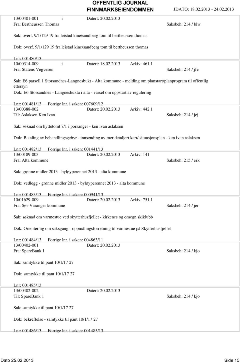 1 Fra: Statens Vegvesen Sak: E6 parsell 1 Storsandnes-Langnesbukt - Alta kommune - melding om planstart/planprogram til offentlig ettersyn Dok: E6 Storsandnes - Langnesbukta i alta - varsel om