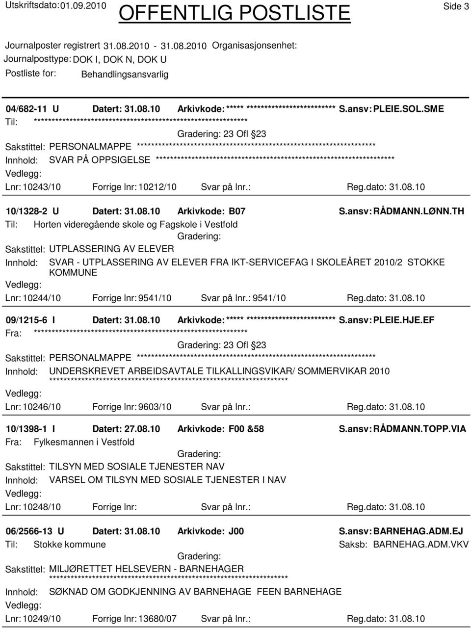 TH Til: Horten videregående skole og Fagskole i Vestfold Sakstittel: UTPLASSERING AV ELEVER Innhold: SVAR - UTPLASSERING AV ELEVER FRA IKT-SERVICEFAG I SKOLEÅRET 2010/2 STOKKE KOMMUNE Lnr: 10244/10