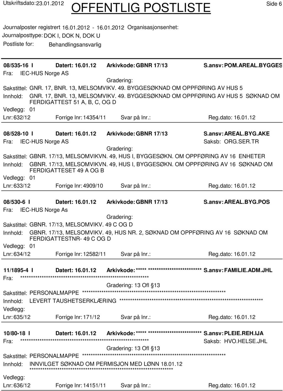 : Reg.dato: 16.01.12 08/528-10 I Datert: 16.01.12 Arkivkode:GBNR 17/13 S.ansv: AREAL.BYG.AKE Fra: IEC-HUS Norge AS Saksb: ORG.SER.TR Sakstittel: GBNR. 17/13, MELSOMVIKVN. 49, HUS I, BYGGESØKN.