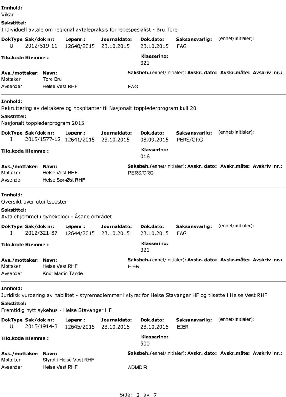 /mottaker: Navn: Saksbeh. Avskr. dato: Avskr.måte: Avskriv lnr.: Helse Sør-Øst RHF nnhold: Oversikt over utgiftsposter Avtalehjemmel i gynekologi - Åsane området 2012/-37 12644/2015 Avs.