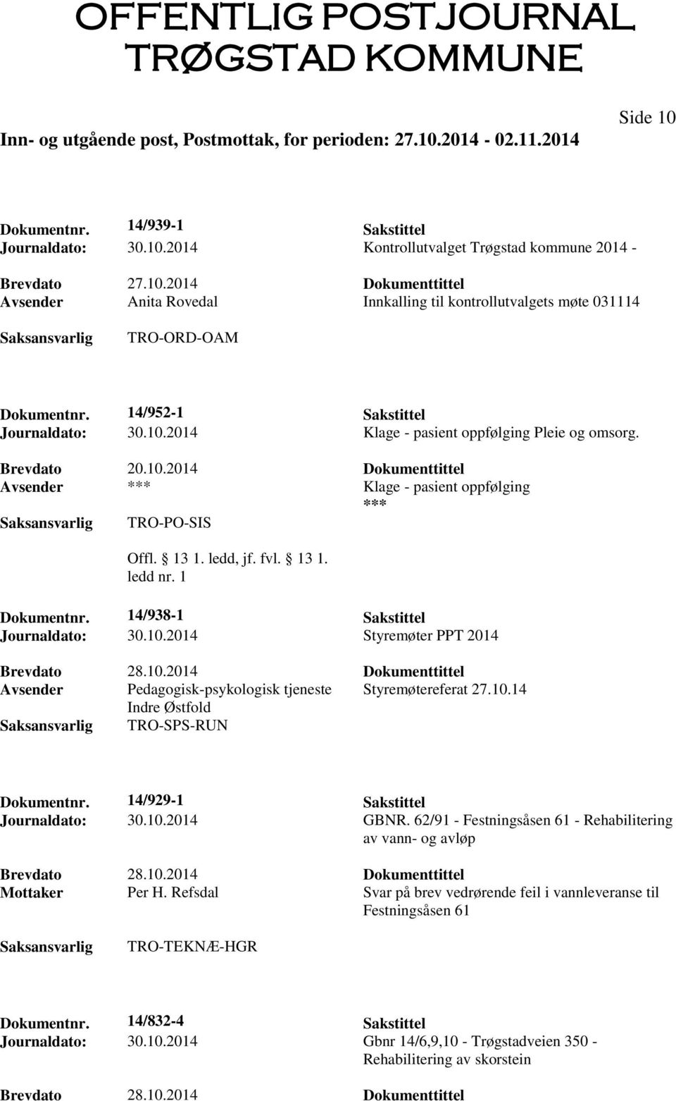 14/938-1 Sakstittel Journaldato: 30.10.2014 Styremøter PPT 2014 Avsender Pedagogisk-psykologisk tjeneste Styremøtereferat 27.10.14 Indre Østfold TRO-SPS-RUN Dokumentnr.