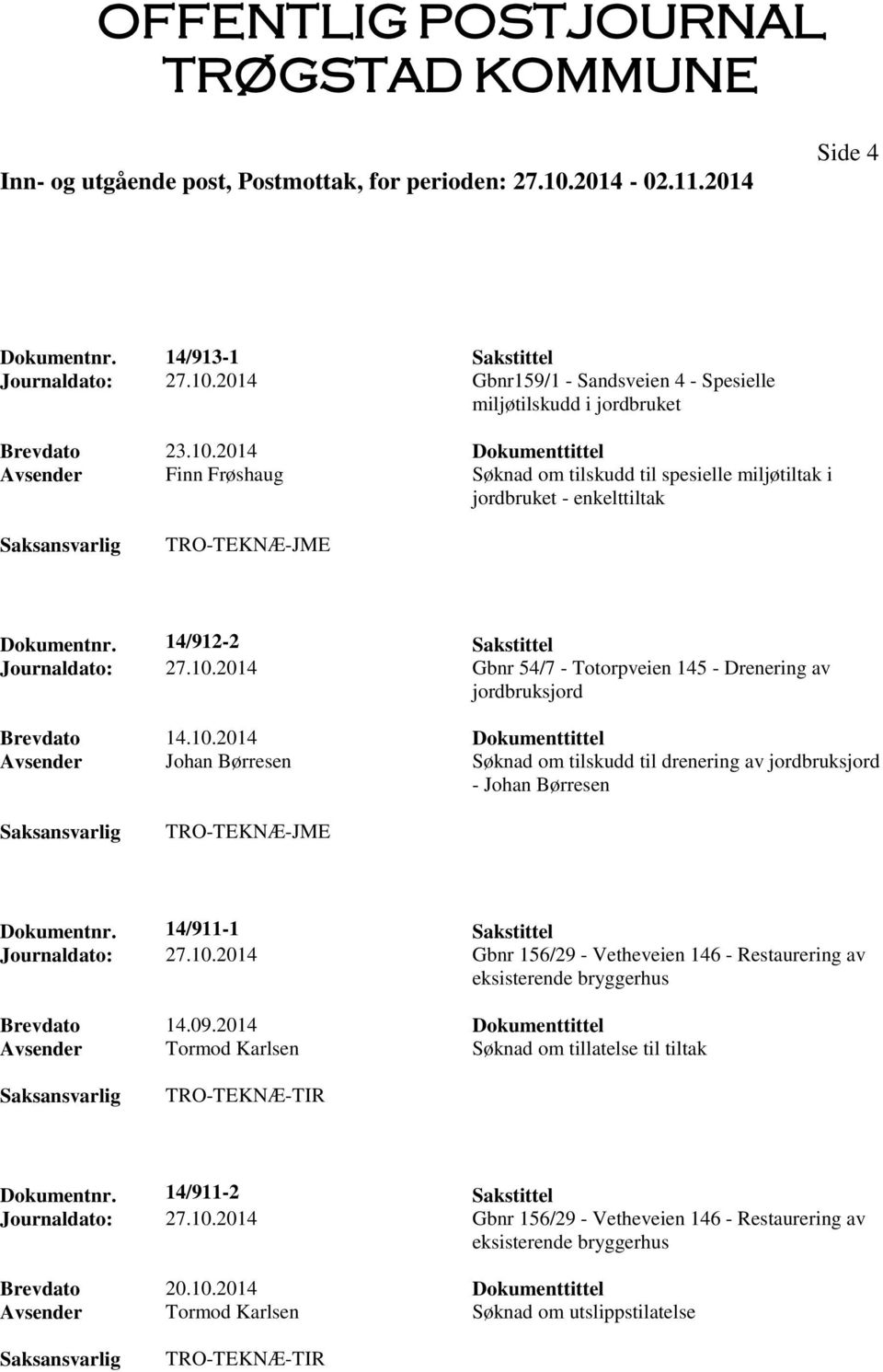 14/912-2 Sakstittel Journaldato: 27.10.2014 Gbnr 54/7 - Totorpveien 145 - Drenering av jordbruksjord Brevdato 14.10.2014 Dokumenttittel Avsender Johan Børresen Søknad om tilskudd til drenering av jordbruksjord - Johan Børresen Dokumentnr.