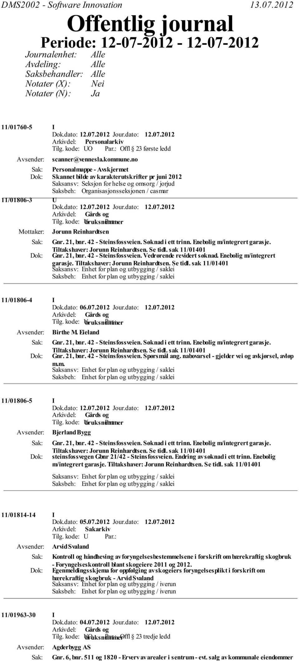 no Personalmappe - Avskjermet Skannet bilde av karakterutskrifter pr juni 2012 Saksansv: Seksjon for helse og omsorg / jorjud Saksbeh: Organisasjonsseksjonen / casmar 11/01806-3 U Mottaker: Jorunn